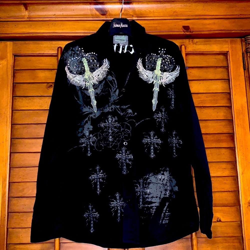 Men’s ROAR Embellished Black Button-down Shirt Motorcycles Crosses Size Large